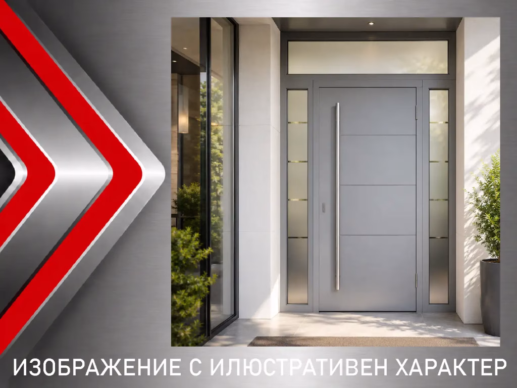 Луксозна метална входна врата с вертикално остъкляване за съвременна архитектура.