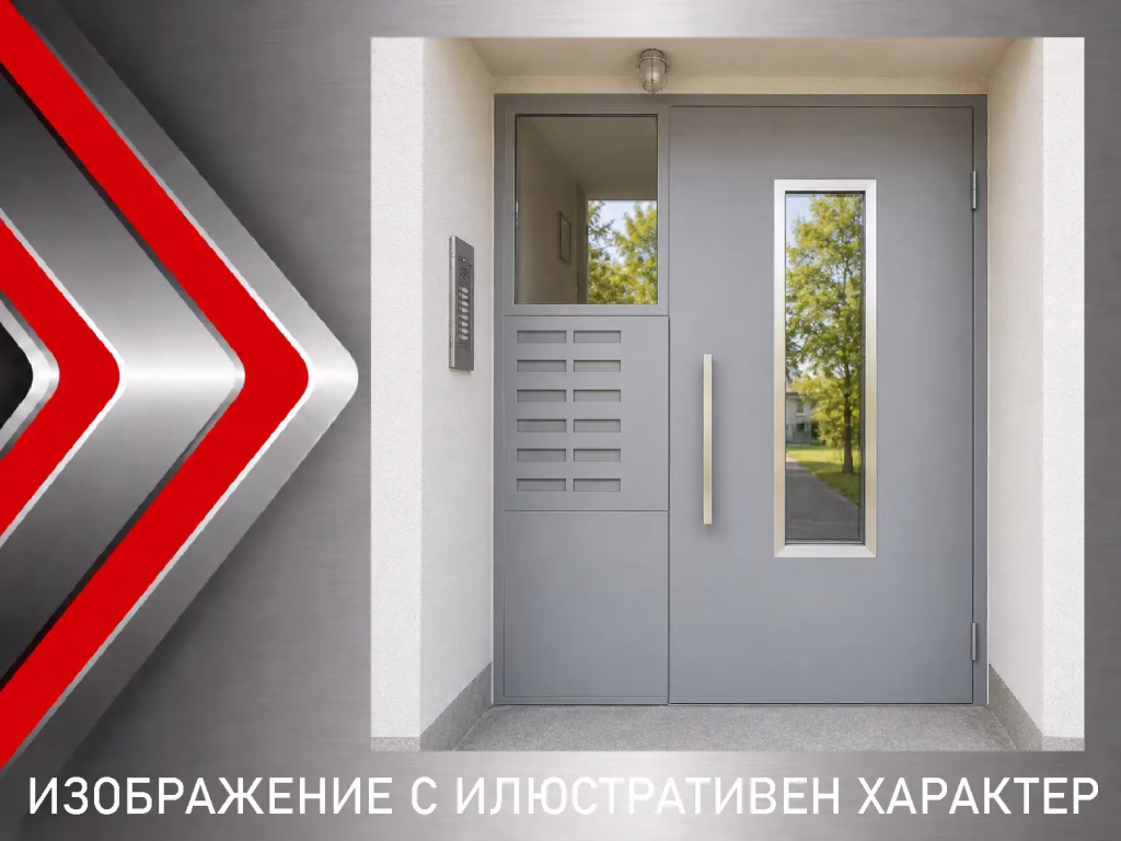Луксозна метална входна врата с иноксови дръжки, луксозен обков и модерен дизайн.